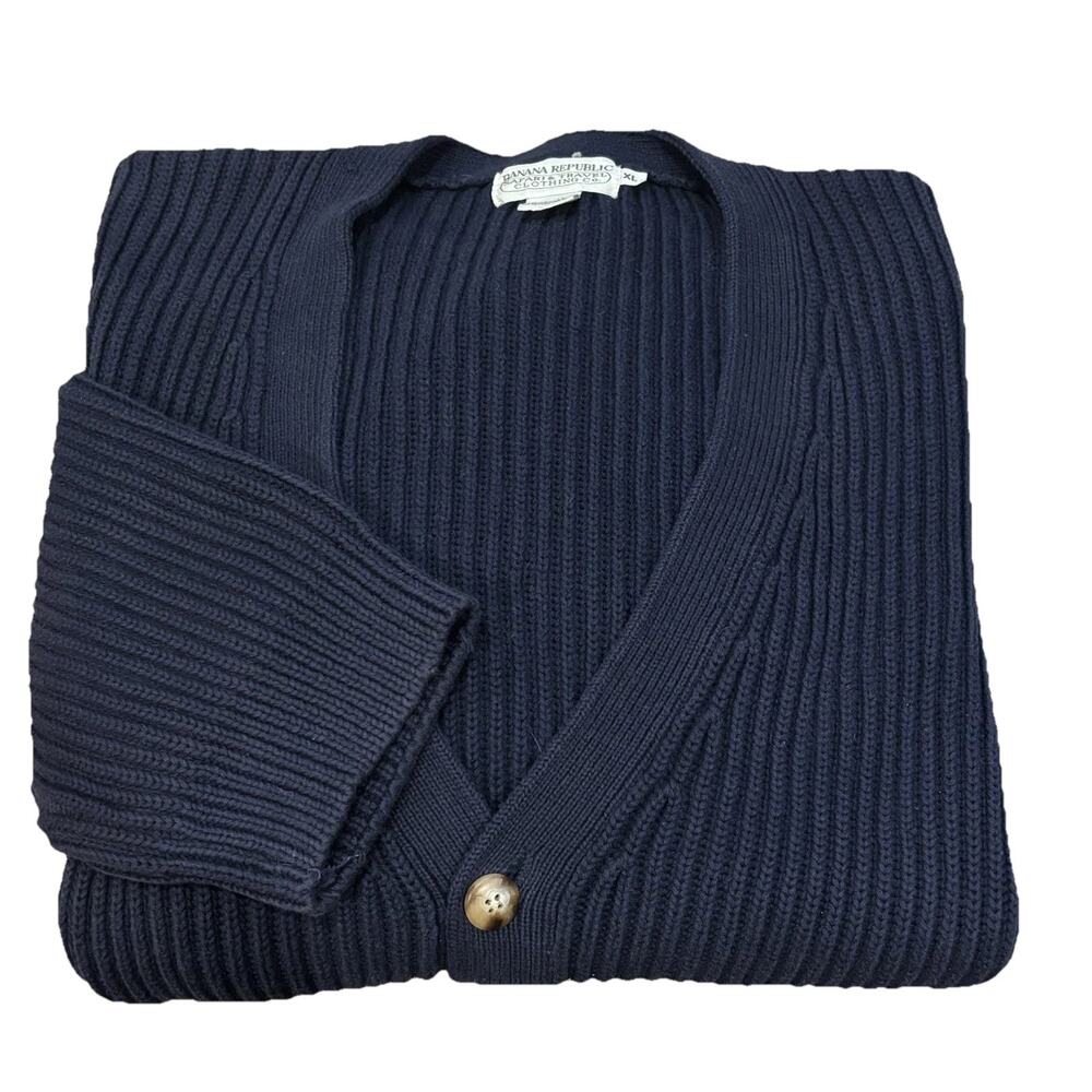 VTG 80s Banana Republic Safari & Travel Navy Cotton Cardigan Sweater Men’s XL* - Picture 6 of 7